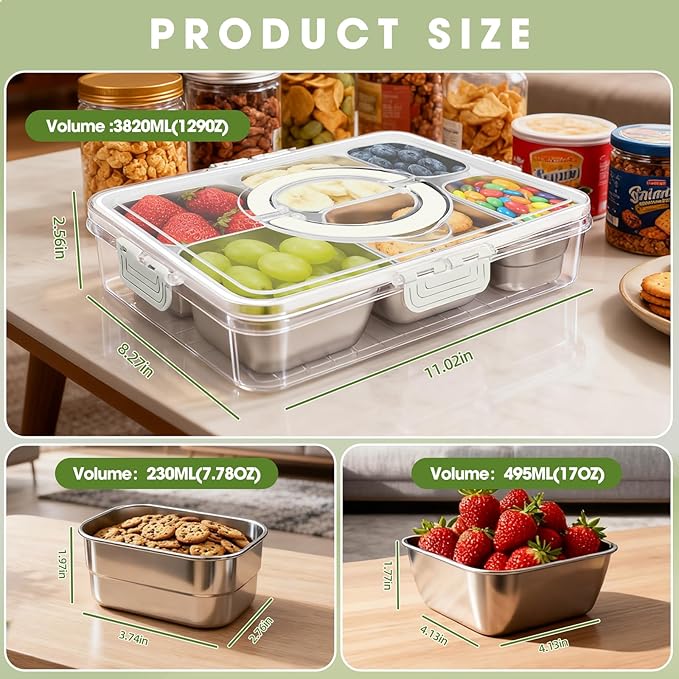 Snackle Box Container, Divided Serving Tray with Lid and Handle, Portable Snack Box with 304 Stainless Steel Container, 6 Compartments Snak Platter for Veggie, Fruit, Perfect for Party Picnic Office