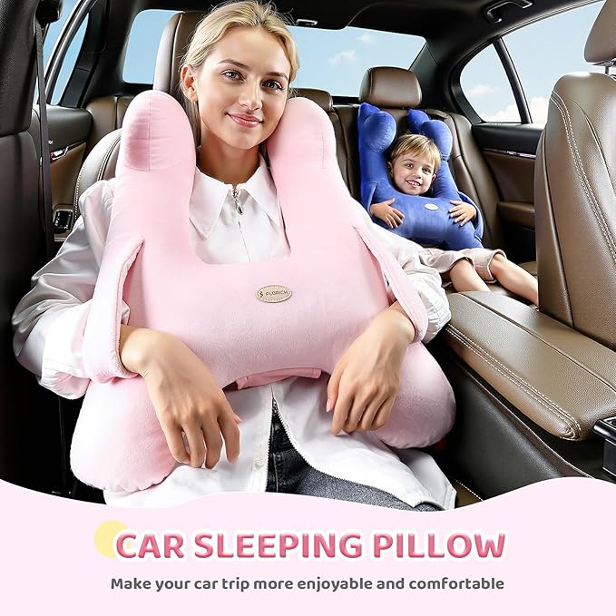 FLORICH Kids Travel Pillow, Car Sleeping Travel Pillow for Kids, Washable H-Shaped Pillow for Adults and Children to Support Head and Body for Road Trips Pillow for Car (Pink)