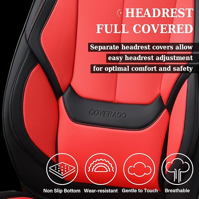 Coverado Car Seat Covers Full Set, Seat Covers for Cars, Car Seat Protector Waterproof, Nappa Car Seat Cushion, Car Seat Covers Front Seats and Back Fit for Most Cars BlackRed