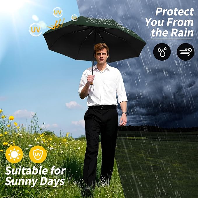 Yoobure Windproof Travel Umbrella with Wood Handle - Automatic Umbrellas for Rain & UV Sun Protection, Compact 46" Large Canopy, Lightweight Backpack Portable for Walking & Outdoor