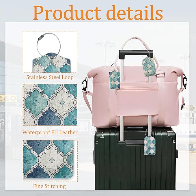 Blue Tiles Luggage Tags for Suitcase 3 Pack, Leather Bag Tags Identifiers with Privacy Name Address Labels and Durable Steel Loop for Men Women Backpack