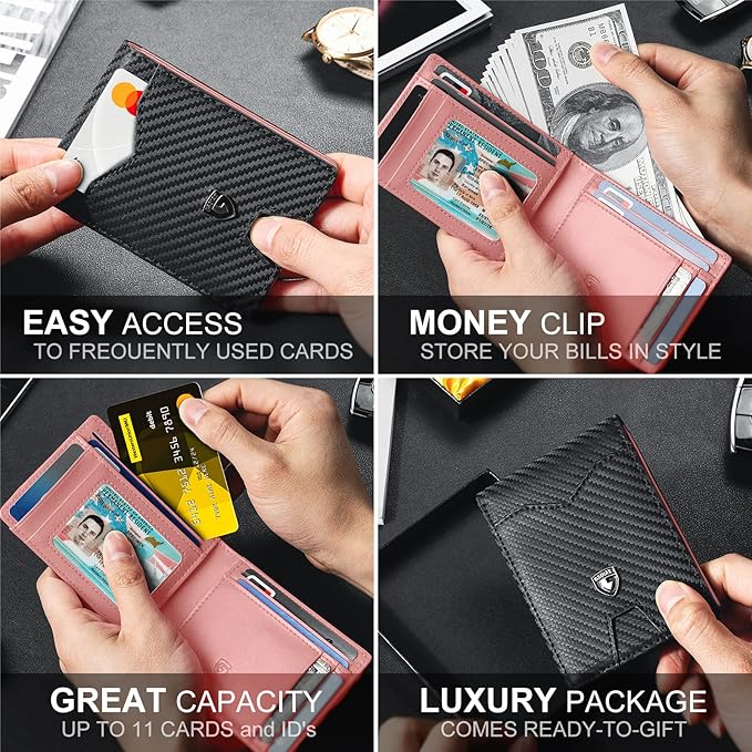 GSOIAX Mens Slim Wallet for Men Minimalist Genuine Leather Carbon Fiber Rfid Blocking Bifold Credit Card Holder With Gift Box (Pink and Carbon Black)