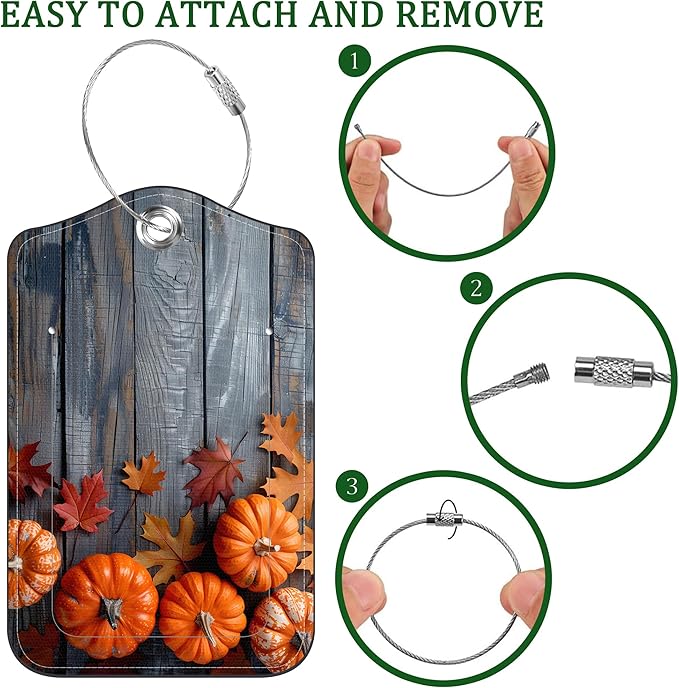 2 Pack Luggage Tag for Suitcase Thanksgiving Day Pumpkins Autumn Leaves Leather Suitcase Tags with Privacy Name ID Label and Stainless Steel Loop for Travel Bag