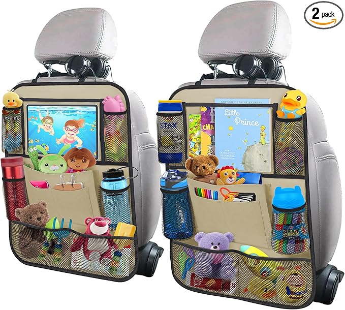 Car Backseat Organizer with 11" Table Holder, 10 Storage Pockets Seat Back Protectors Kick Mats for Kids Toddlers, Travel Accessories, 2 Pack, Beige