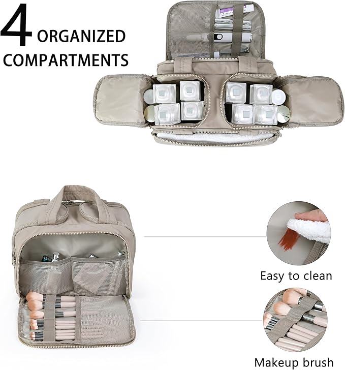 Travel Toiletry Bag for Women, Large Wide-open Puffy Cosmetic Makeup Bag with Wet-Dry Separation, Multi-Pocket Organizer with Carry Handle for Toiletries, Cosmetics, Essentials, Camel