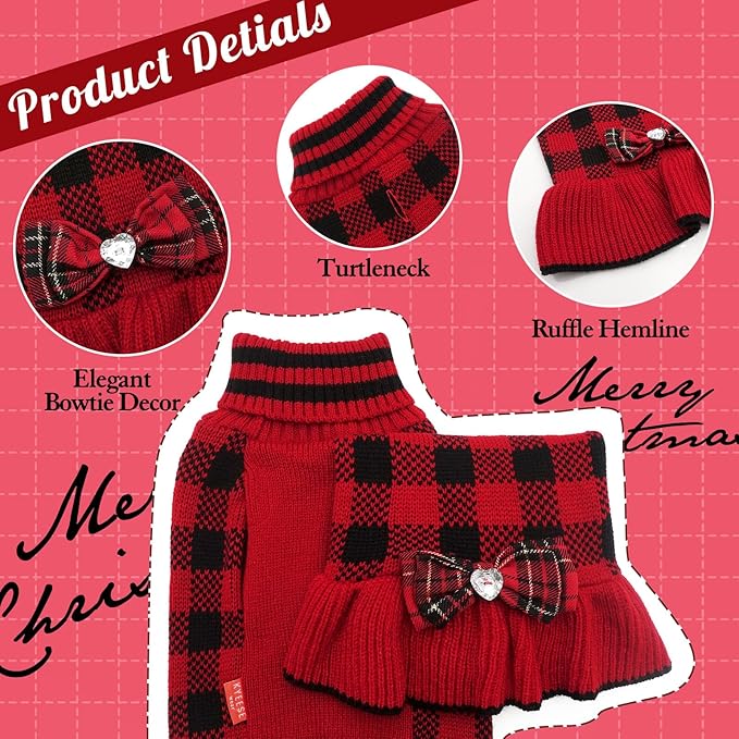 KYEESE Christmas Dog Sweater Dress for Medium Dogs with Leash Hole Checkered Pet Sweaters Dogs Christmas Outfit with BowtieTurtleneck Dog Apparel for Winter