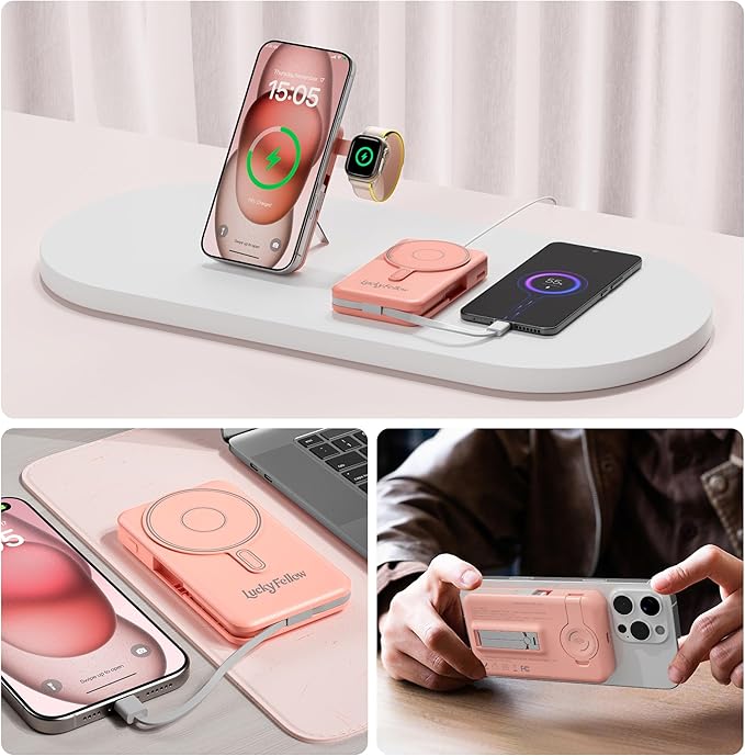 Magnetic 10000mAh Portable Charger Built-in Cables Compatible with iWath, iPhone and Android Devices, 22.5W PD Fast Charging External Battery Pack Slim Wireless Power Bank