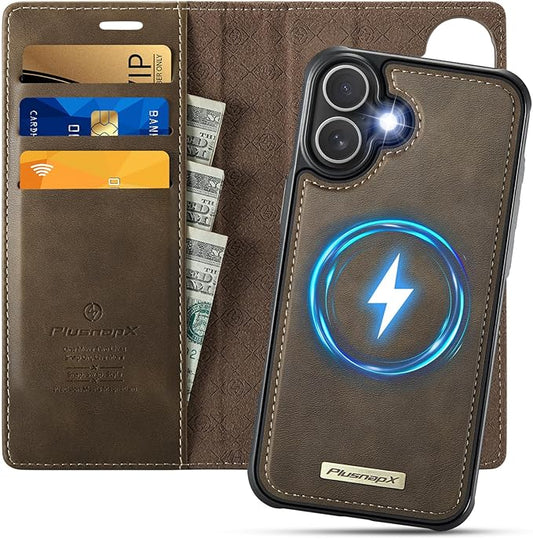 PlusnapX Wallet Case for iPhone 17 Compatible with Magsafe, 2-in-1 PU Leather Flip RFID Blocking Card Holder Stand Shockproof Magnetic Detachable Cover for iPhone 17 Case 6.3", Brown