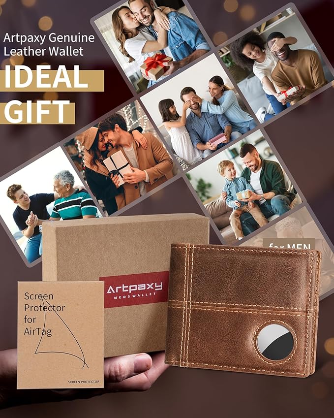 Mens Wallet With AirTag Holder, Bifold Leather RFID Blocking 1-2 ID Windows 12-13 Card Holders, Gift Box and Screen Protector Included, AirTag Not Included