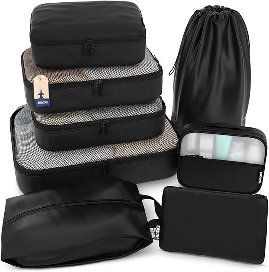 Shacke Premium 8 Packing Cubes Set - Lightweight Mesh Travel Luggage Organizers with Laundry Bag, 8-Piece Suitcase Storage System (Air Black)