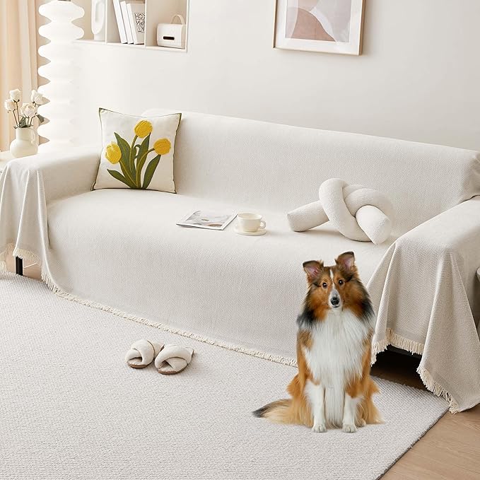 Boho Couch Cover for Pets, Couch Covers for 2 Cushion Couch Sofa Pet Friendly, Scratch Resistant & Non-Slip Sofa Covers Fits Love Seat, 71"x118", Beige