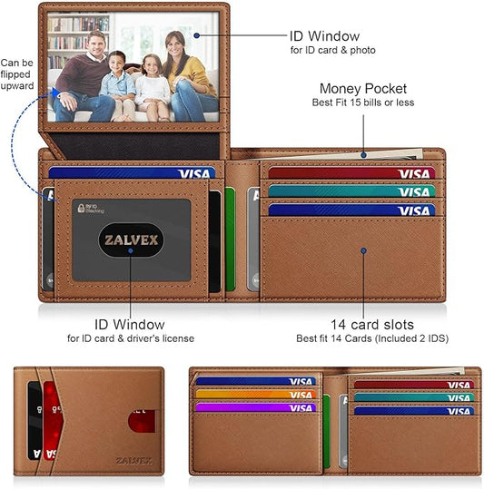 Wallet for Men Slim RFID Blocking Leather Credit Card Holder Wallet for 14 Cards, Bifold Minimalist Thin Wallet with 2 ID Windows & Cash Slot, Front Pockt Carteras Para Hombres, Birthday Gifts for Men