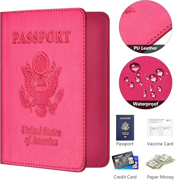Passport and Vaccine Card Holder Combo, with Slot, Wallet, Cover, Case, for Women Men(AD-Rose Red)
