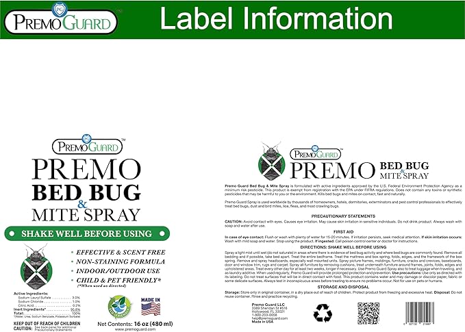 Premo Guard Bed Bug Killer Spray 16 oz - University Tested 100% Kill Rate - Natural Non Toxic, Stain & Scent Free - Kill Bedbugs & Mites On Bed & Blankets, Furniture, Clothing - Child & Pet Safe