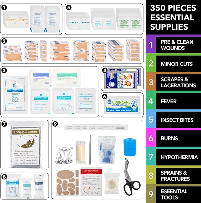 First Aid Kit for Car Home Travel Camping, 350pcs Compact Waterproof Hard Case, Public Emergency Must Have Survival Kits - Perfect for Businesses, Boat, Hiking, Vehicles, Sports (PUMIER)