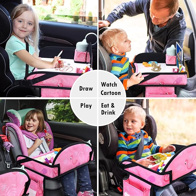 WENRENER Kids Travel Tray, Car Seat Tray for kids Travel, Toddler Road Trip Essentials With Drawing Kit, Toddler Lap Desk Organizer for Car, Carseat Table for Airplane
