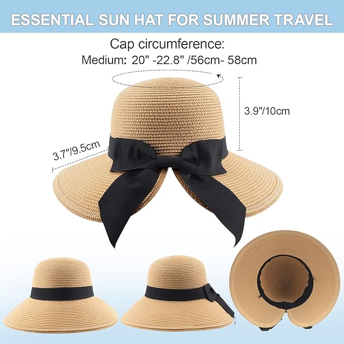 DRESHOW Sun Hats for Women Travel Fedora Foldable Beach Sun Hat Summer Wide Brim Straw Bucket Hat with Bowknot UPF 50+