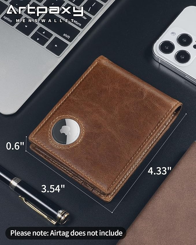 Mens Wallet With AirTag Holder, Bifold Leather RFID Blocking 1-2 ID Windows 12-13 Card Holders, Gift Box and Screen Protector Included, AirTag Not Included