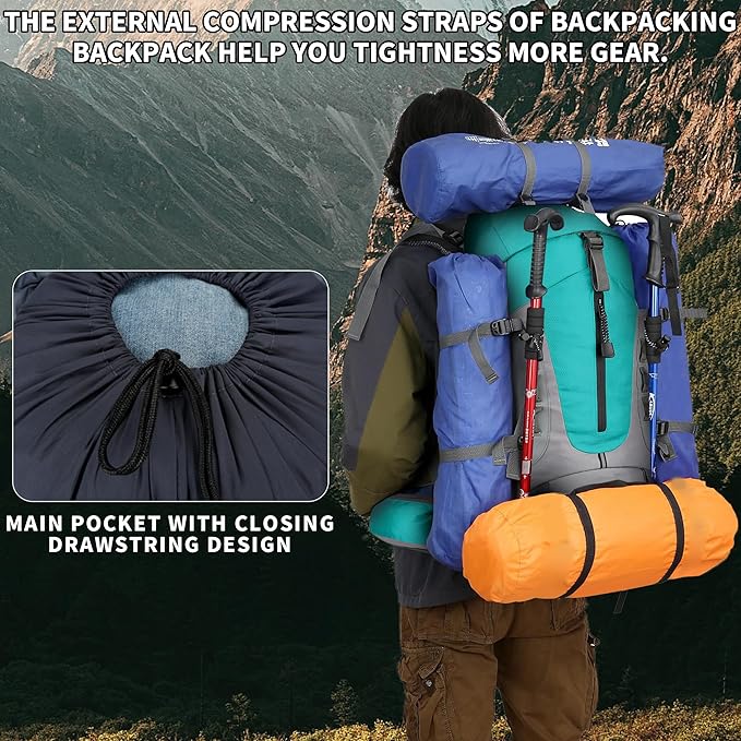 75L Hiking Backpack with Rain Cover Waterproof Camping Backpack Shoes Warehouse for Men Women, Frameless