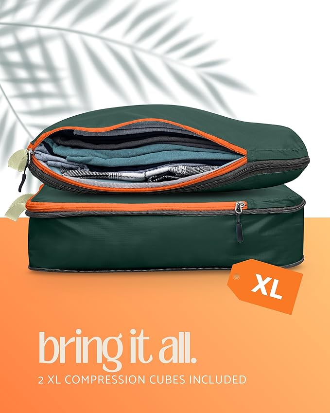 Large Compression Packing Cubes for Travel-Packing Cube Luggage Organizers 7 Piece Set for Checked Luggage-Ultralight, Expandable/Compression Bags by TRIPPED Travel Gear (Green/Orange)