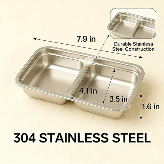 2-Compartment Stainless Steel Snack Container with Leakproof Lid | Reusable Grab-and-Go Food Storage Box | Portable Bento Organizer for Travel, Camping, Lunch Prep, Dishwasher Safe (SET A, 4 Pack)