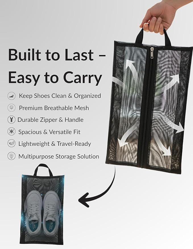 Travel Shoe Bag with Mesh & Zipper – Polyester TPU Sneaker Organizer, Portable Dustproof Storage & Laundry Wash Bag for Men’s and Women’s Shoes