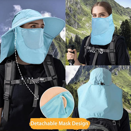 Sun Hats for Men Women Detachable Face Cover Wide Brim Fishing Hats with Neck Flap UPF 50+ Outdoor Safari Hats