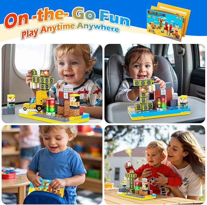 45PCS Magnetic Blocks Travel Toys for Kids with Portable Iron Box, Mini Magnetic Cubes Toys for Airplane & Car Ride STEM Learning Gift Idea for Ages 3+（ Construction Theme）