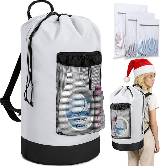 Laundry Bag Backpack with 3 Sizes Mesh Wash Bags and Shoulder Straps Foldable Clothes Hamper Bag with Drawstring Closure for College, Apartment, Laundromat (White)