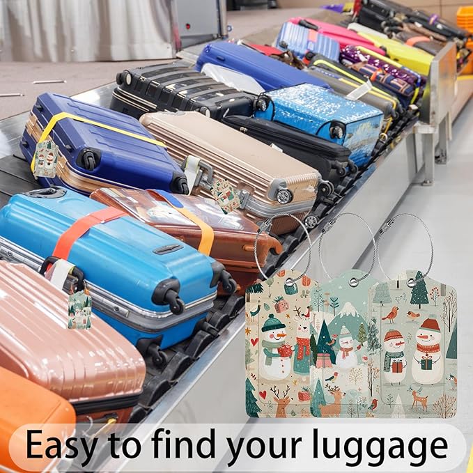 Christmas Deer Snowman Luggage Tag 3 Pack Travel Cruise Luggage Tags for Suitcases, Identifiers Bag Tags with Privacy Flap, Baggage Name Tag for Women Men Luggage Backpack Handbag School Bag