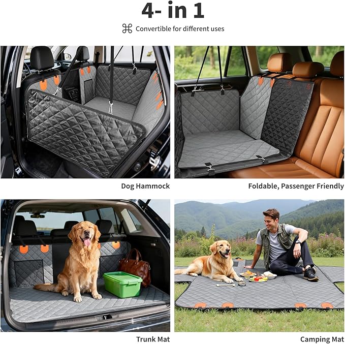 HOTEAGLE Dog Seat Covers for Back Seat, Hard Bottom Back Seat Extender for Dogs, 600D Upgraded Material Waterproof and Comfortable with 400lbs Holds, Ideal for Car Trips and Outdoor Adventures（Grey）