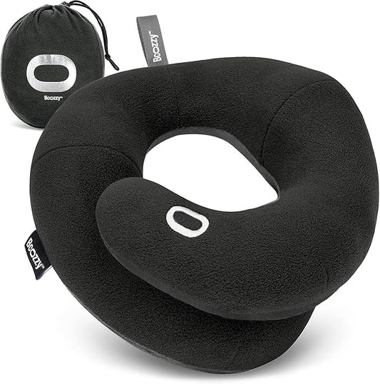 BCOZZY Travel Neck Pillow for Airplane – Patented Double Support for Head, Neck, and Chin. Best for Long Flights, Plane Sleeping & Car Rides. Adjustable Size. Fully Washable. Carry Bag. X-Large, Black