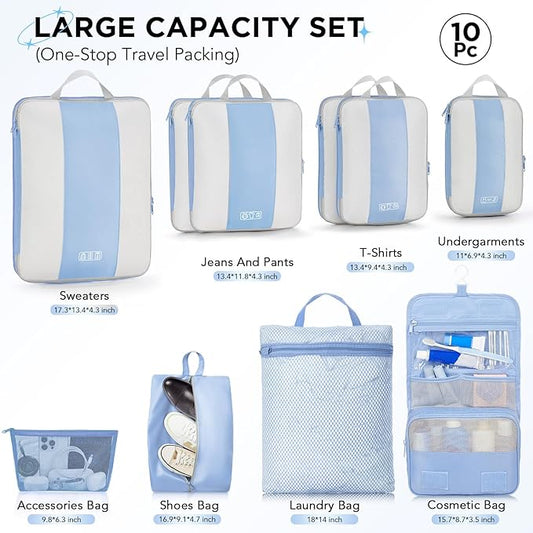 10 Set Compression Packing Cubes for Travel Essentials,Compressible Expandable Packing Cubes for Suitcase,OlarHike Luggage Organizer Bags for Travel,Handy Helper for Organizing Clothes(Light Blue)