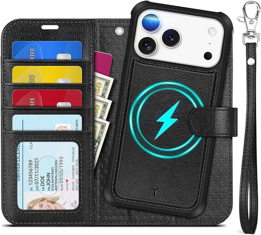 TUCCH Detachable Case Wallet for iPhone 17 Pro Max (6.9") 2025, Removable Wrist Strap, Wireless Charging, Stand, 4 Card Slots RFID Blocking, 2-in-1 Magnetic, PU Leather Flip Cover, Textured Black