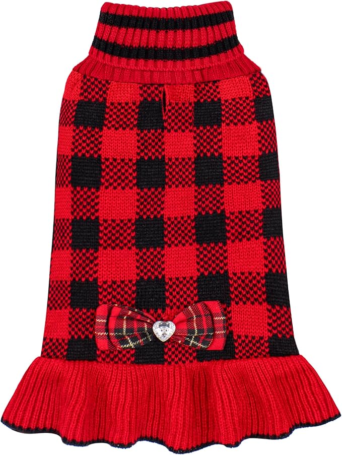 KYEESE Dog Christmas Sweater Dress with Bowtie Checkered, Turtleneck Dog Sweater for Small Dogs Girl with Leash Hole, Holiday Warm Pet Sweaters Dress, Red, Large