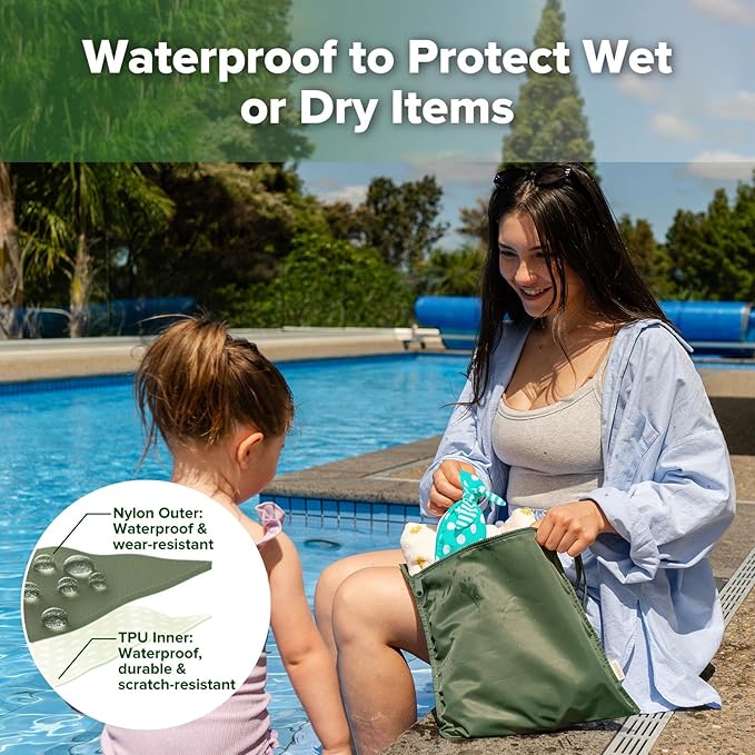 haakaa Waterproof Wet Bags for Baby Wet Dry Bags for Cloth Diaper, Swimsuit & Travel, 2pcs, Olive Green
