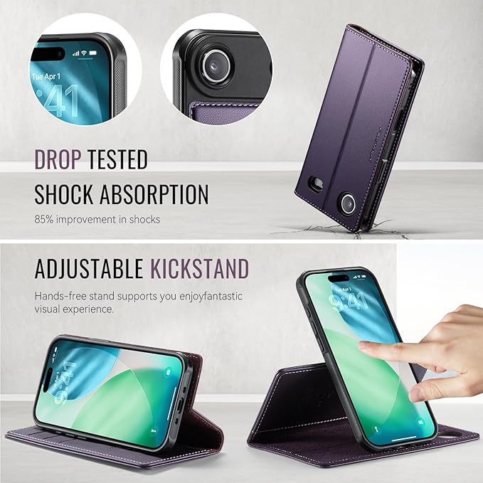 PlusnapX Wallet Case for iPhone Air Compatible with Magsafe, 2-in-1 PU Leather Flip RFID Blocking Card Holder Stand ShockAirof Magnetic Detachable Cover for iPhone 17 Air Case 6.5", Fashion Purple