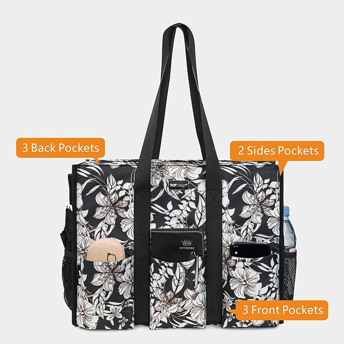 TOPDesign Utility Water Resistant Tote Bag with 13 Pockets, Top Zipper Closure & Thick Bottom Support, for Working Women