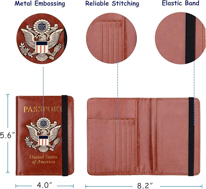 TOURSUIT RFID Blocking Passport Holder for Women Men, Leather Passport Travel Wallet with Metal 3D Metal Badge, Travel Document Holder Cover Accessories (Brown)