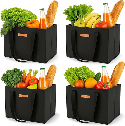 Gramercy Premium Large Reusable Grocery Bags, Heavy Duty 4 Pack – Foldable Shopping Tote Bags With Handles, Washable and Reinforced With Thick Bottom and Sides (Black, 4pcs)