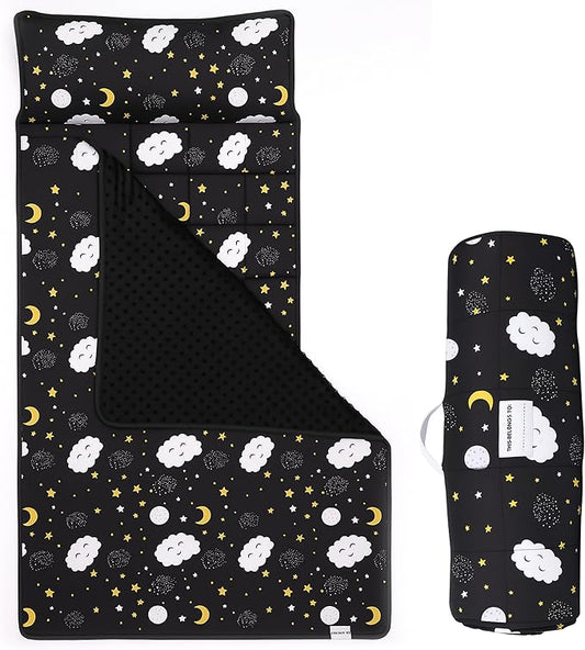 Roll Up Kids Nap mat with Fleece Ultra-Soft Minky Blanket and Pillow – Soft Toddlers Sleeping Mat with Dreamy Star-and-Cloud Design for Daycare, Preschool, Travel, Camping, Kindergarten