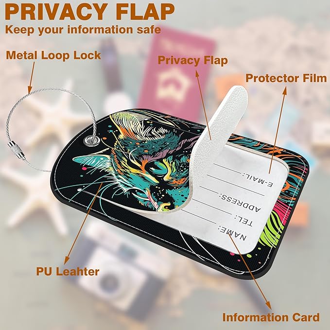 2 Pack Luggage Tag for Suitcase Colorful Cat Leather Suitcase Tags with Privacy Name ID Label and Stainless Steel Loop for Travel Bag