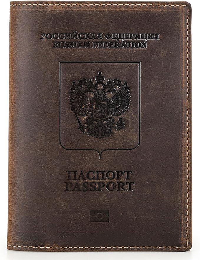 Top Grain Leather Single Travel Passport Wallet Embossing Badge for Unisex, Folio Design for Passport & Multi Cards, RFID Blocking for Passport/Cards/Checks/Bills/AirTag, Coffee Default, RU