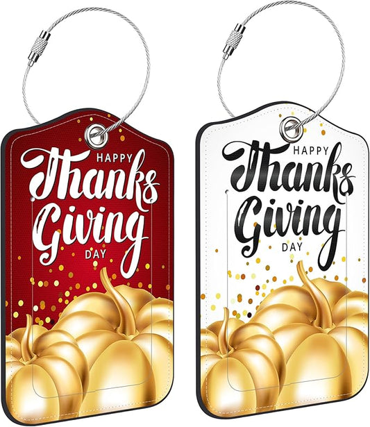 2 Pack Luggage Tag for Suitcase Happy Thanksgiving Day Leather Suitcase Tags with Privacy Name ID Label and Stainless Steel Loop for Travel Bag