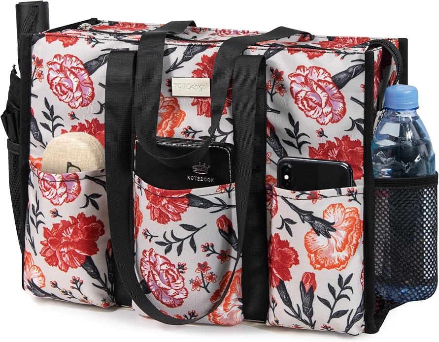 TOPDesign Utility Water Resistant Tote Bag with 13 Pockets, Top Zipper Closure & Thick Bottom Support, for Working Women