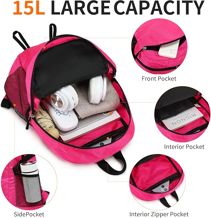 Small Hiking Backpack 15L Travel Lightweight Hiking Packable Daypack Water-Resistant Foldable Backpacks for Women Men Camping (Pink)