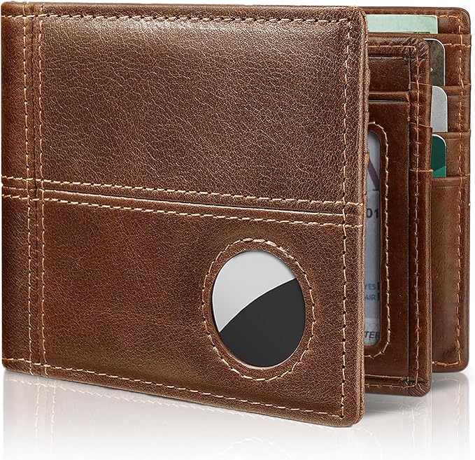 Mens Wallet With AirTag Holder, Bifold Leather RFID Blocking 1-2 ID Windows 12-13 Card Holders, Gift Box and Screen Protector Included, AirTag Not Included