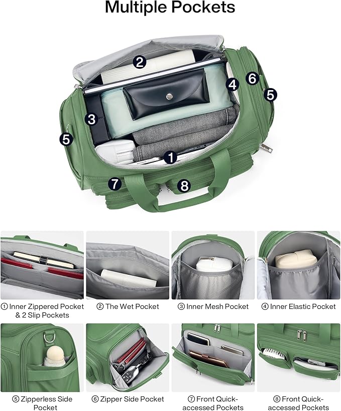 MILADA Underseat Carry On Luggage Bags for Travel Lightweight Foldable Carry On Bags for Airplanes Small Duffle Bag for Men Women Personal Weekend Overnight Travel Tote Bags, Forest Green