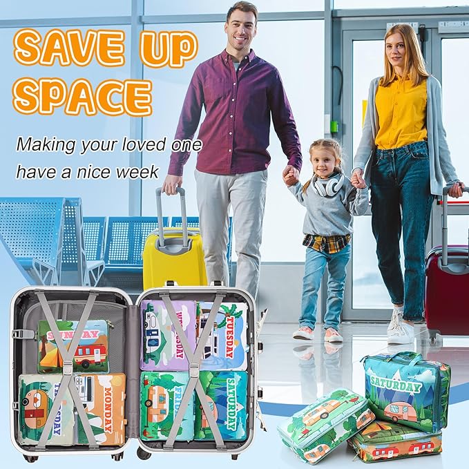 Paterr 7 Pcs Days of Week Packing Cubes Compression Packing Cubes for Kids Summer Camp Travel Daily Outfit Suitcase Organizers Zippered Storage Bag for Cruise Vacation Essentials (Camping)