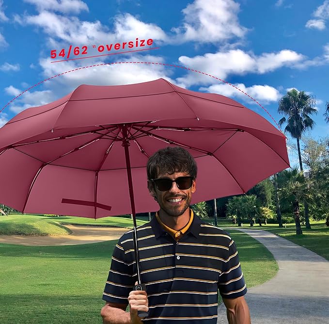 MRTLLOA 49/54/62 Inch Large Folding Golf Umbrella, Oversize Double Canopy Vented 10 Ribs Windproof Compact Travel Umbrellas for Rain